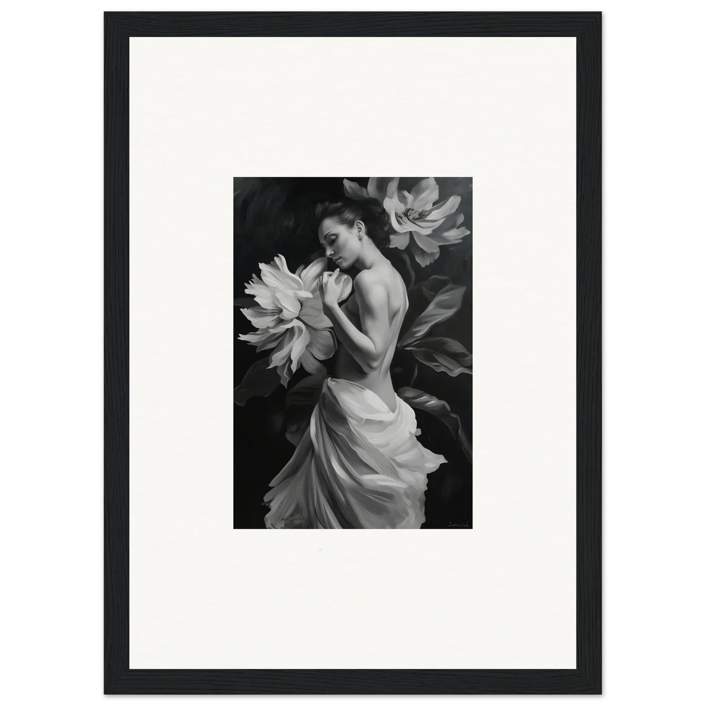 Black and white photo of a woman in a flowing dress with flower petals, Delicate Midnight Reverie