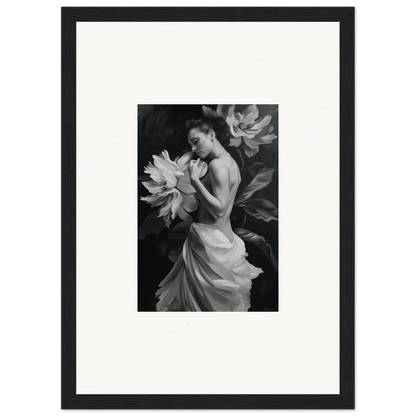 Black and white photo of a woman in a flowing dress with flower petals, Delicate Midnight Reverie