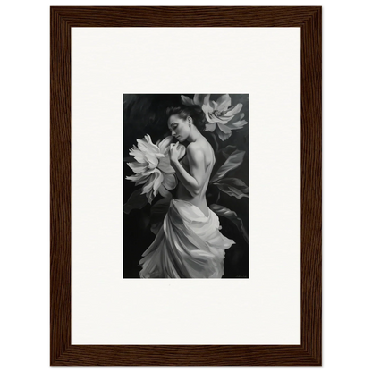 Framed black and white photo of a woman with a flower, perfect for Delicate Midnight Reverie