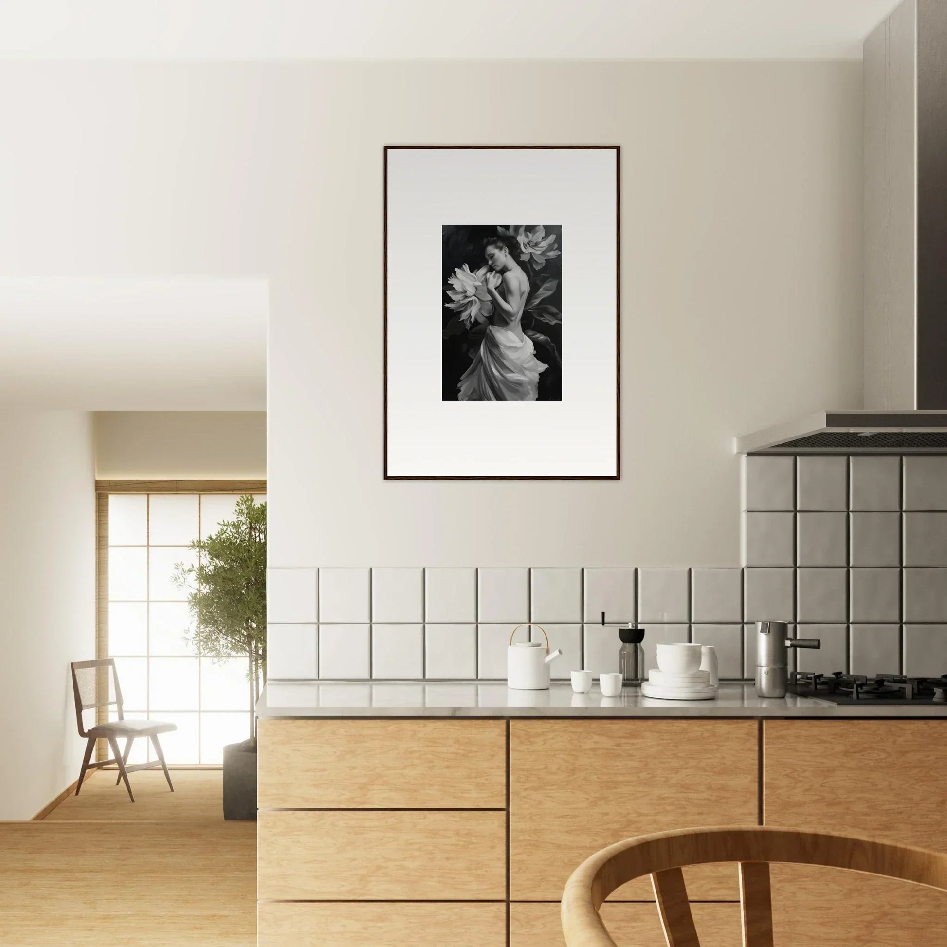 Modern kitchen with wood cabinets, white tiles, and Delicate Midnight Reverie artwork