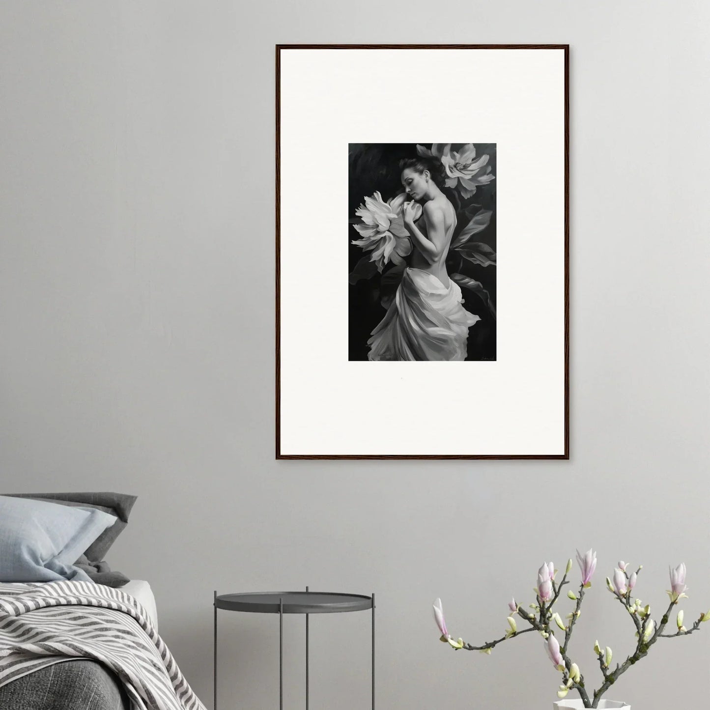 Framed black and white photo of a person with a large flower, Delicate Midnight Reverie art