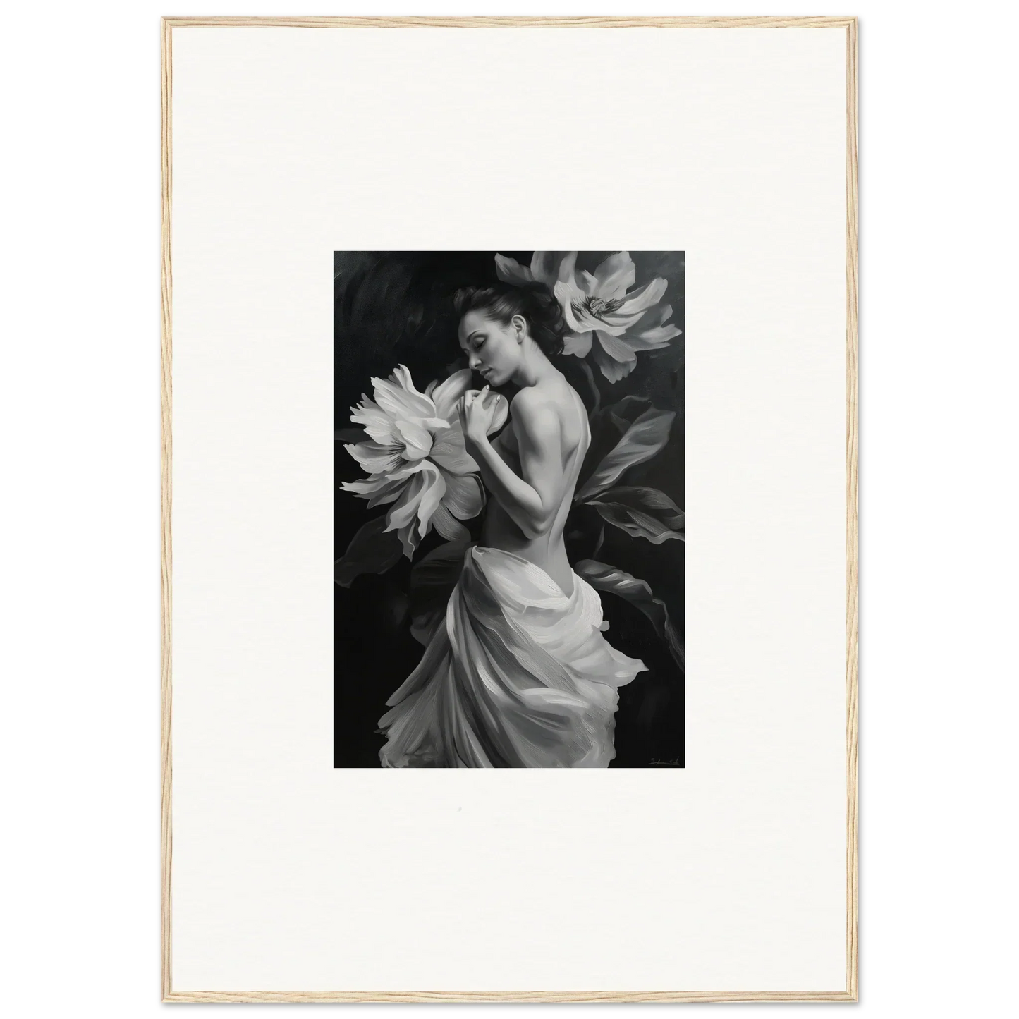 Black and white shot of a woman in a dress with floral shapes from Delicate Midnight Reverie