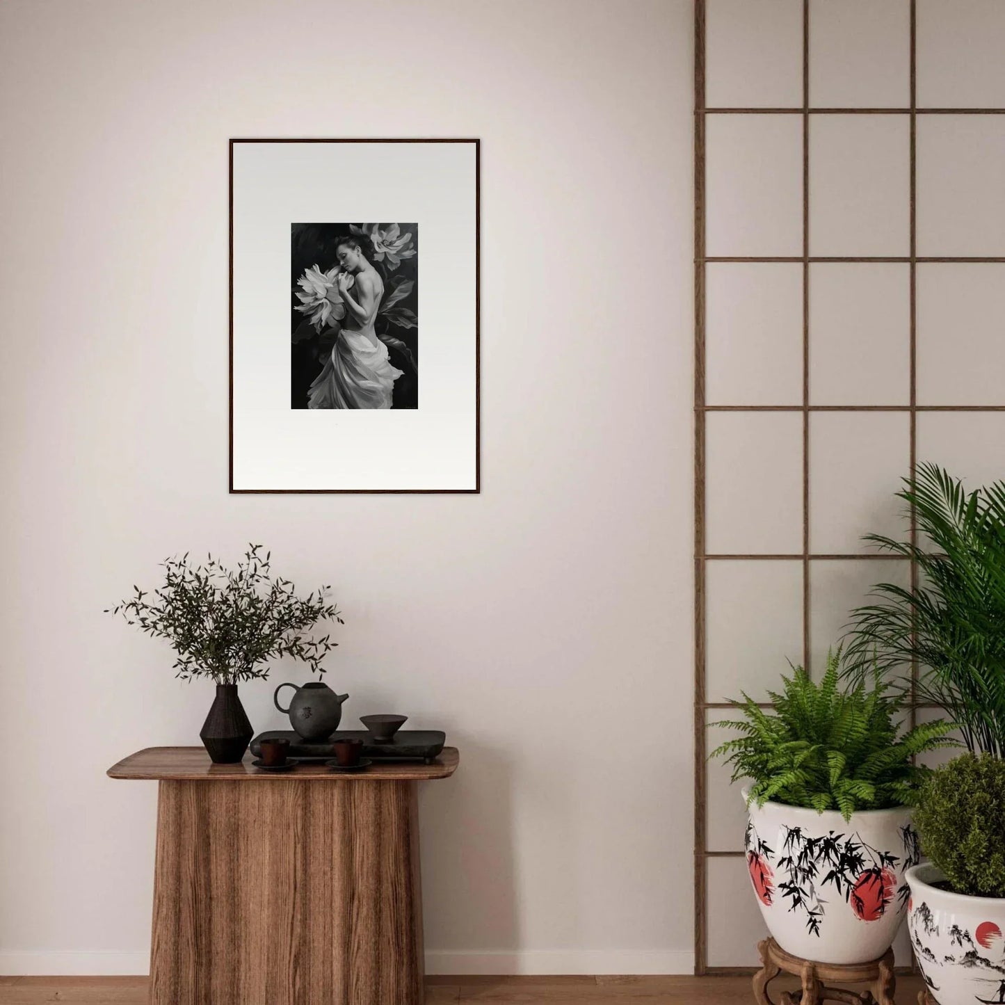 Framed black and white photo of a person with flowers for Delicate Midnight Reverie