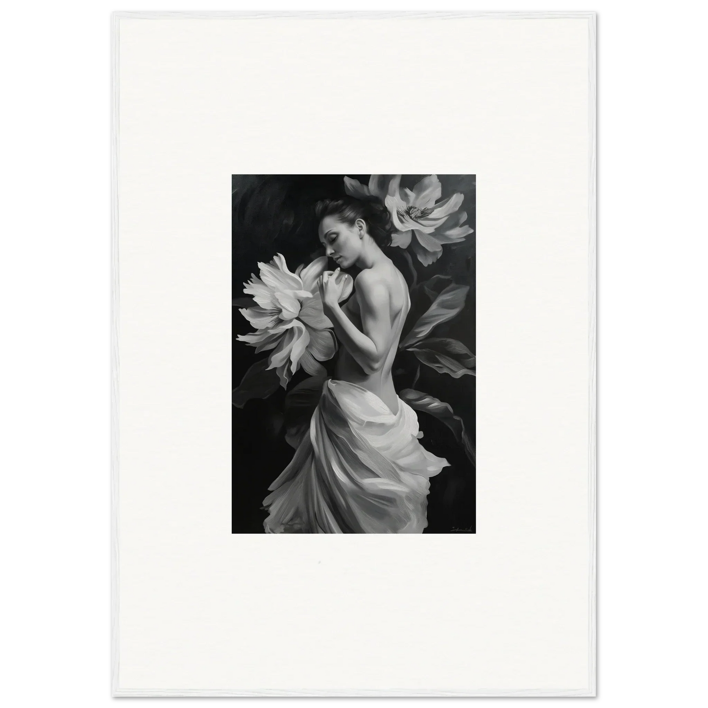 Black and white image of a woman in a flowing dress amid floral shapes, Delicate Midnight Reverie