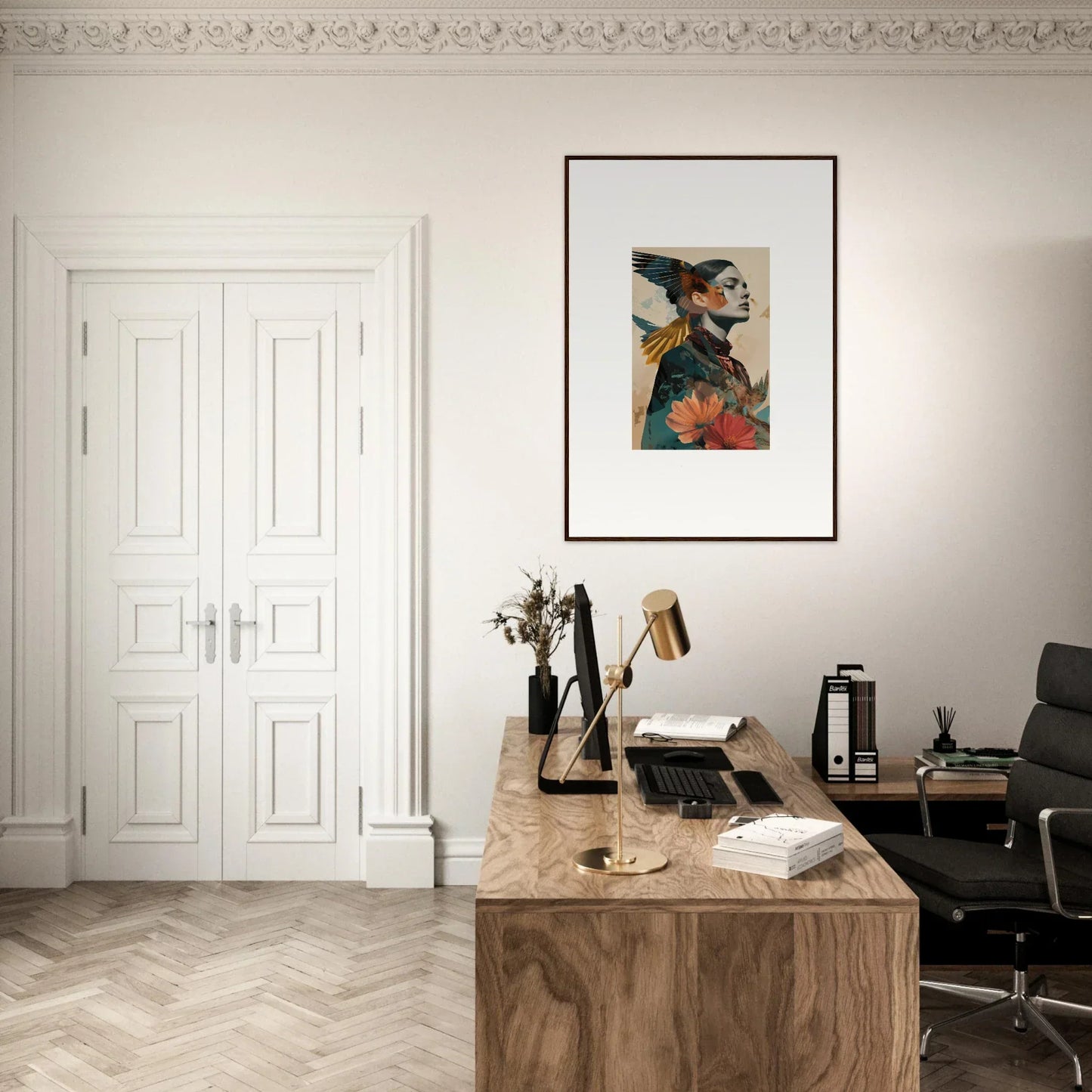 Stylish home office with wooden desk, echo vase, and canvas print decor