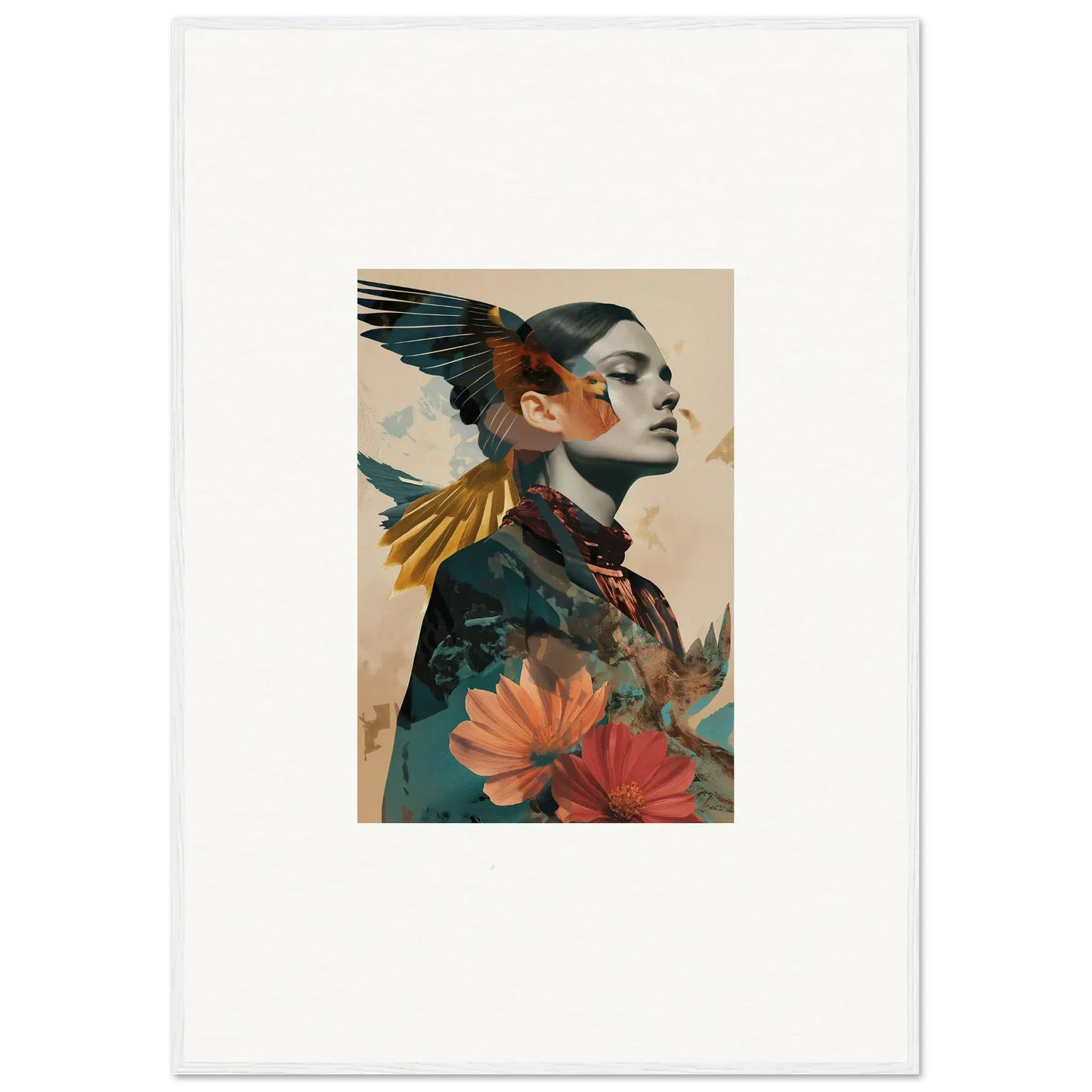 Artistic woman’s profile with bird wings and flowers for echo vase room decoration canvas print