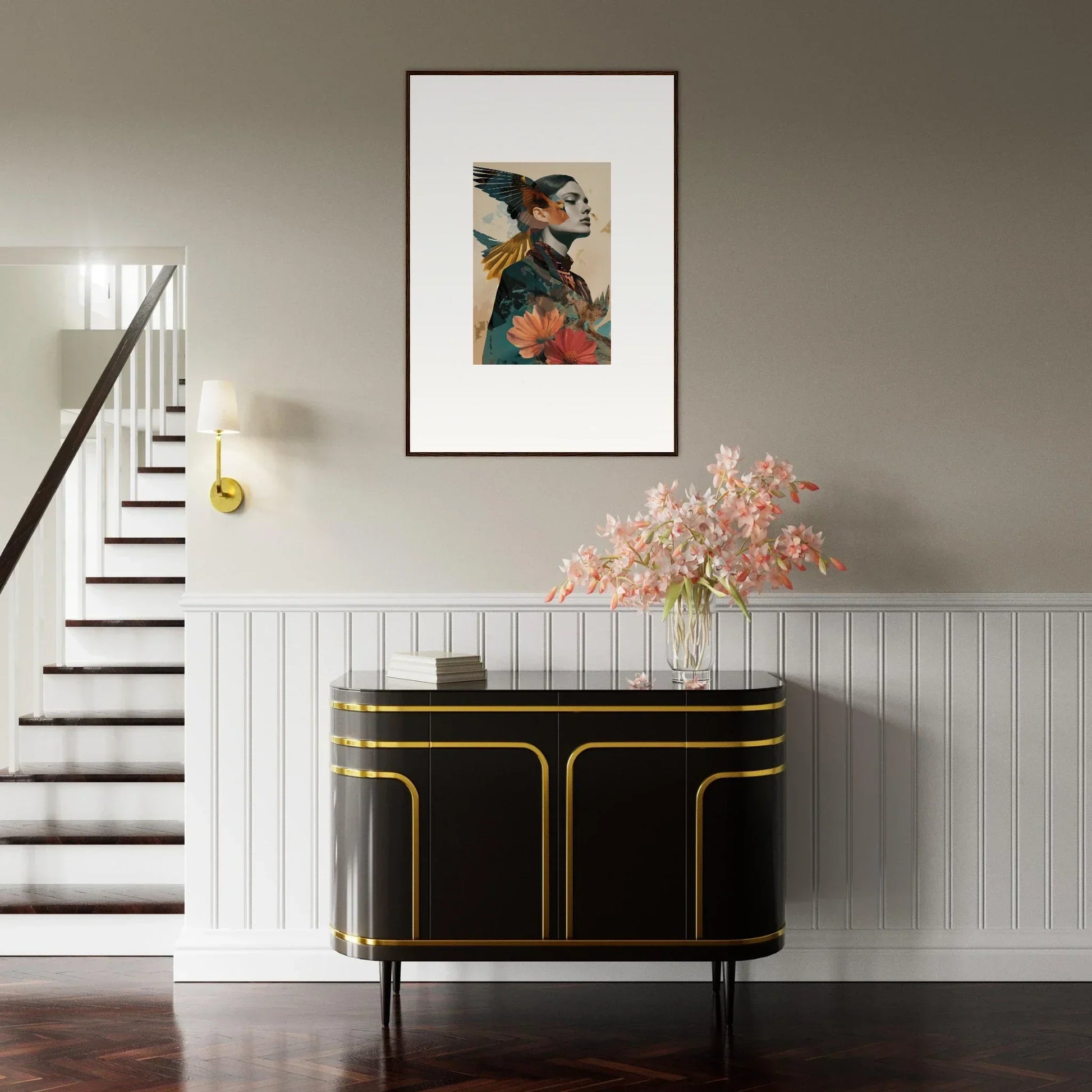 Framed portrait with floral accents above a chic cabinet and echo vase for room decoration