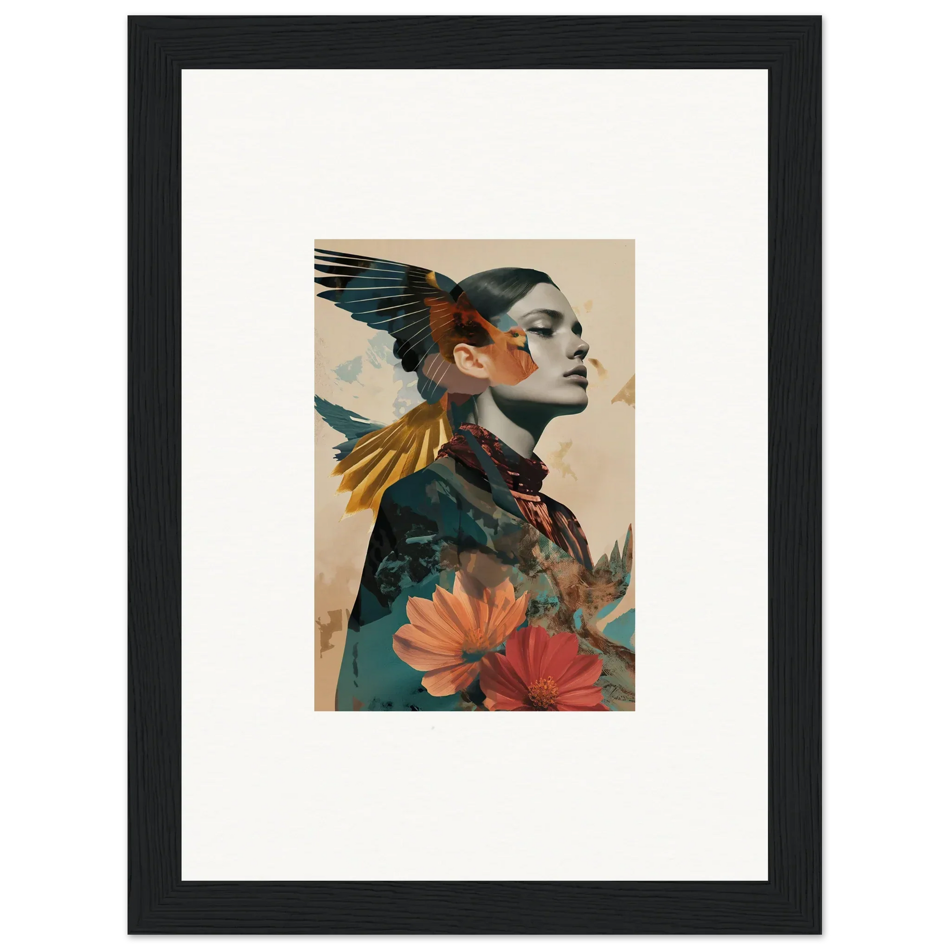 Framed canvas print of a profile portrait with nature elements for stylish room decoration