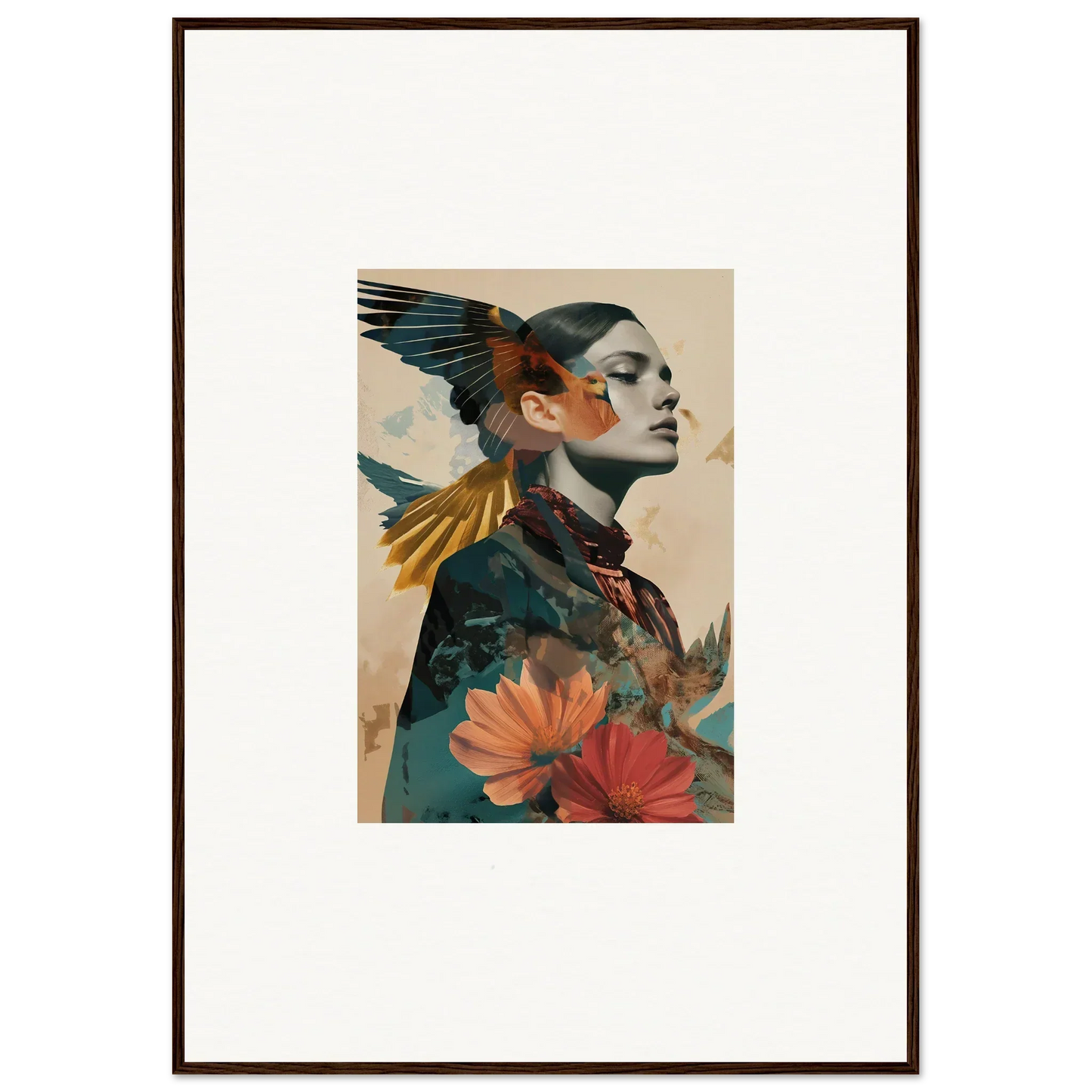 Artistic profile of a woman with colorful birds and flowers for echo vase room decoration