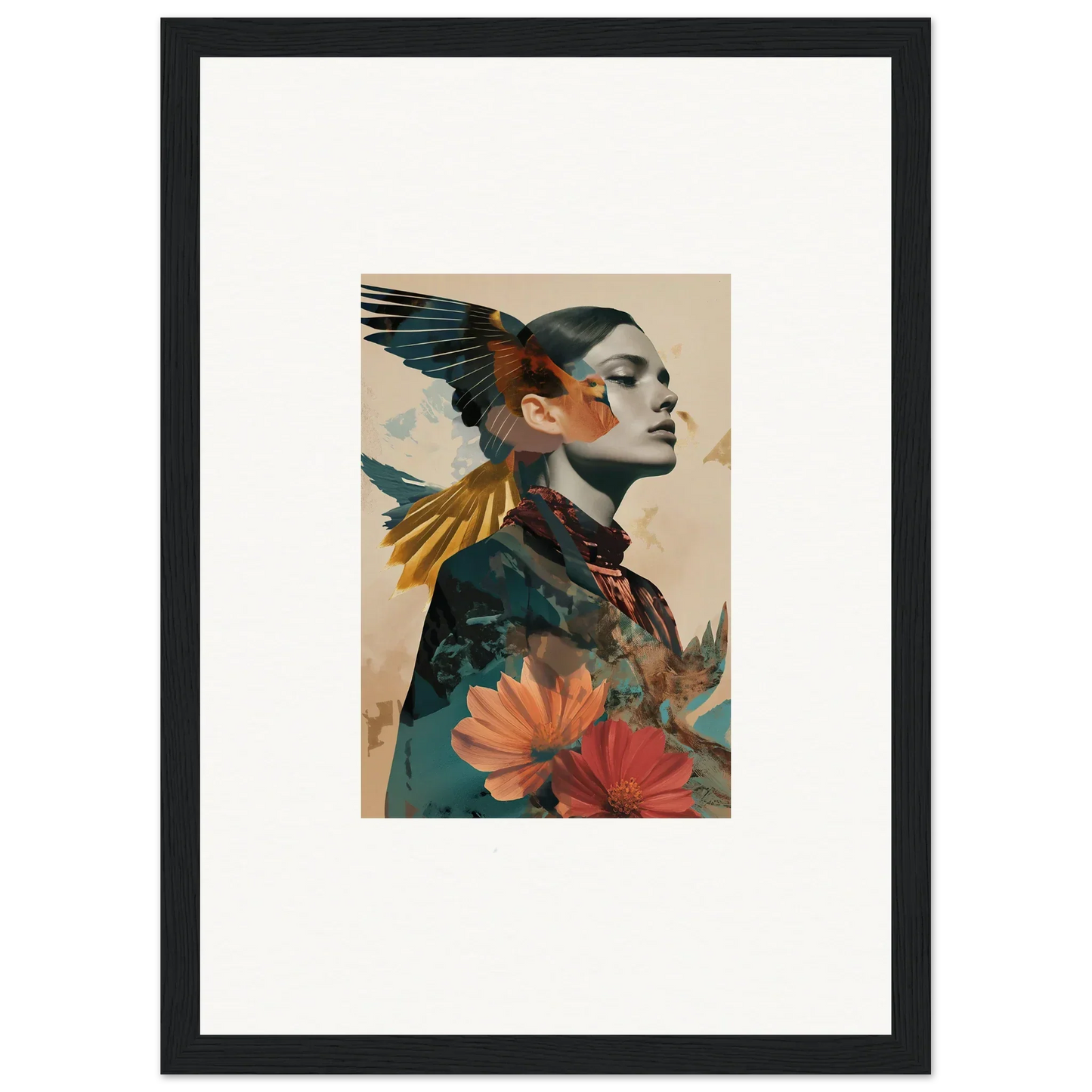 Surreal portrait canvas print with floral and bird elements for echo vase room decoration