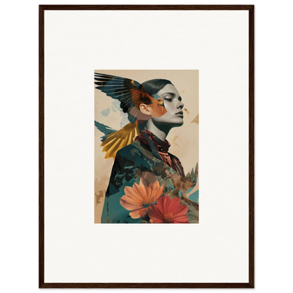 Portrait of a person with bird and floral elements, perfect for echo vase room decoration