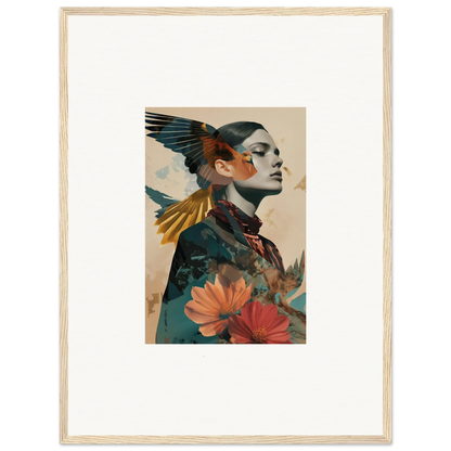 Artistic portrait of a woman with bird wings and flowers for echo vase room decoration