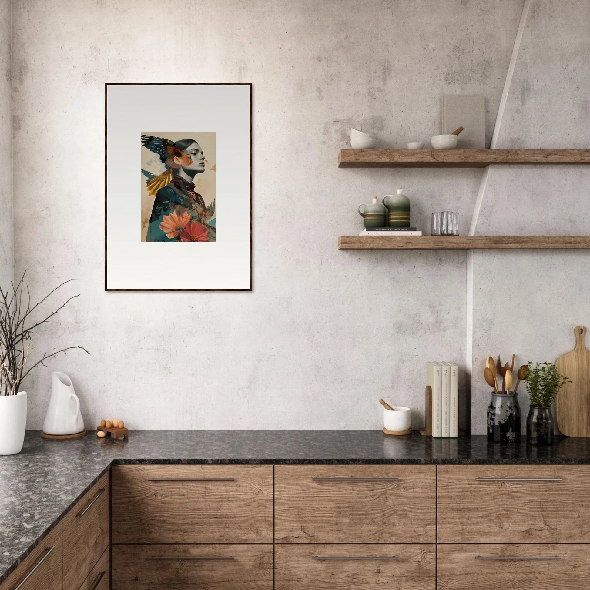 Modern kitchen with wooden cabinets and a canvas print, featuring the Echo Vase decor