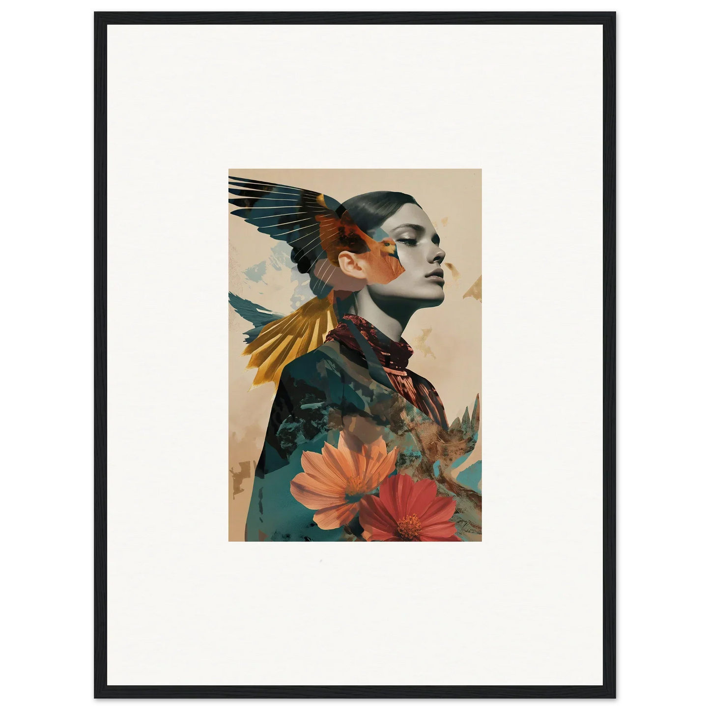 Artistic portrait of woman with bird wings and flowers for echo vase room decoration