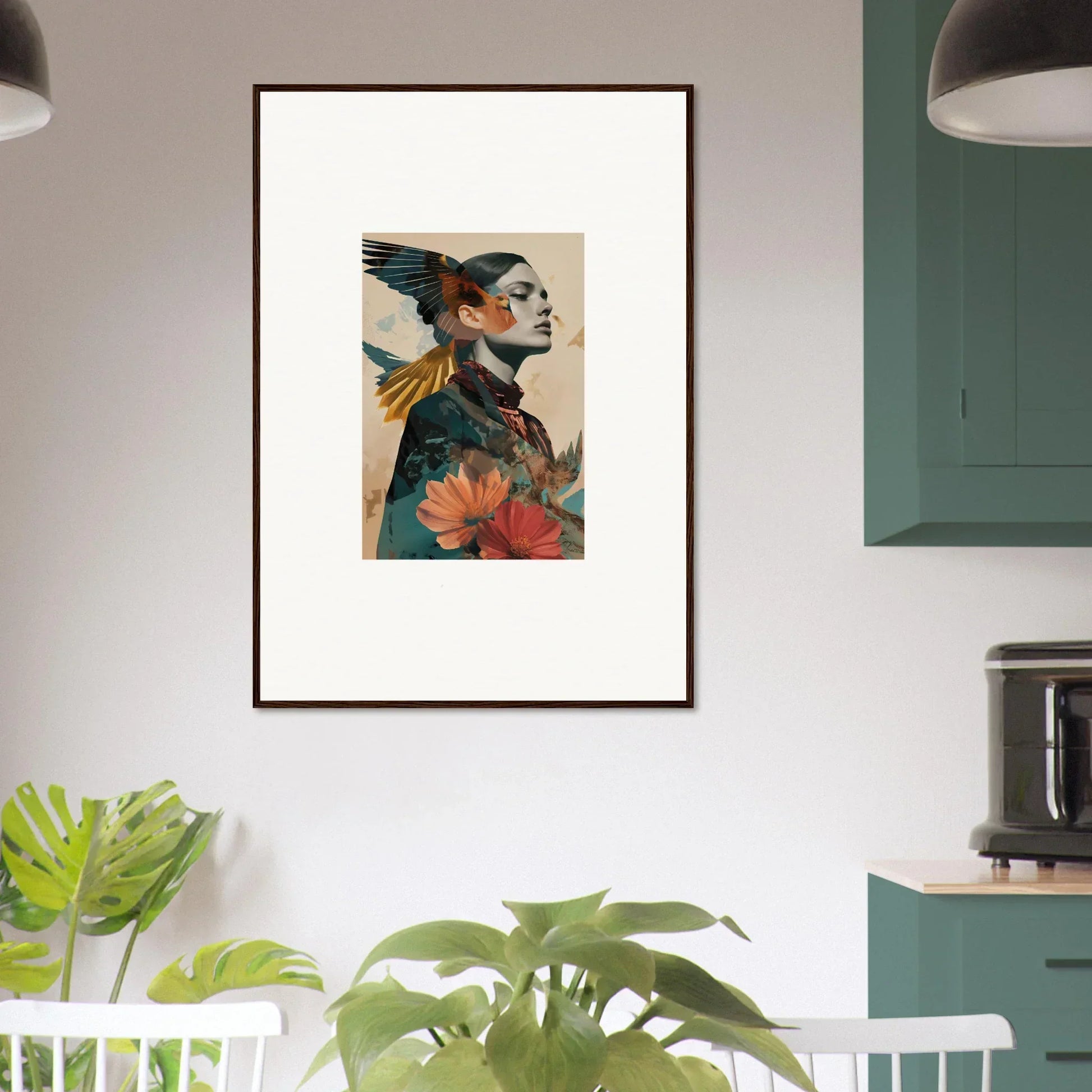 Framed canvas print of a profile portrait with floral elements for room decoration