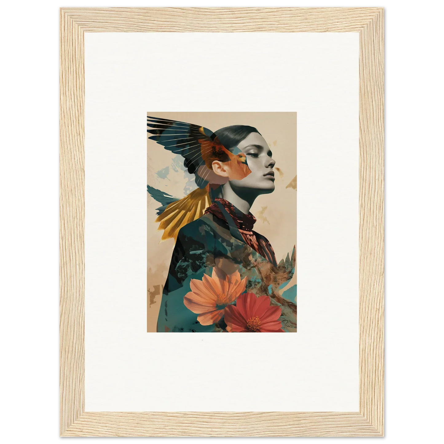 Framed canvas print of a profile portrait with floral elements for room decoration