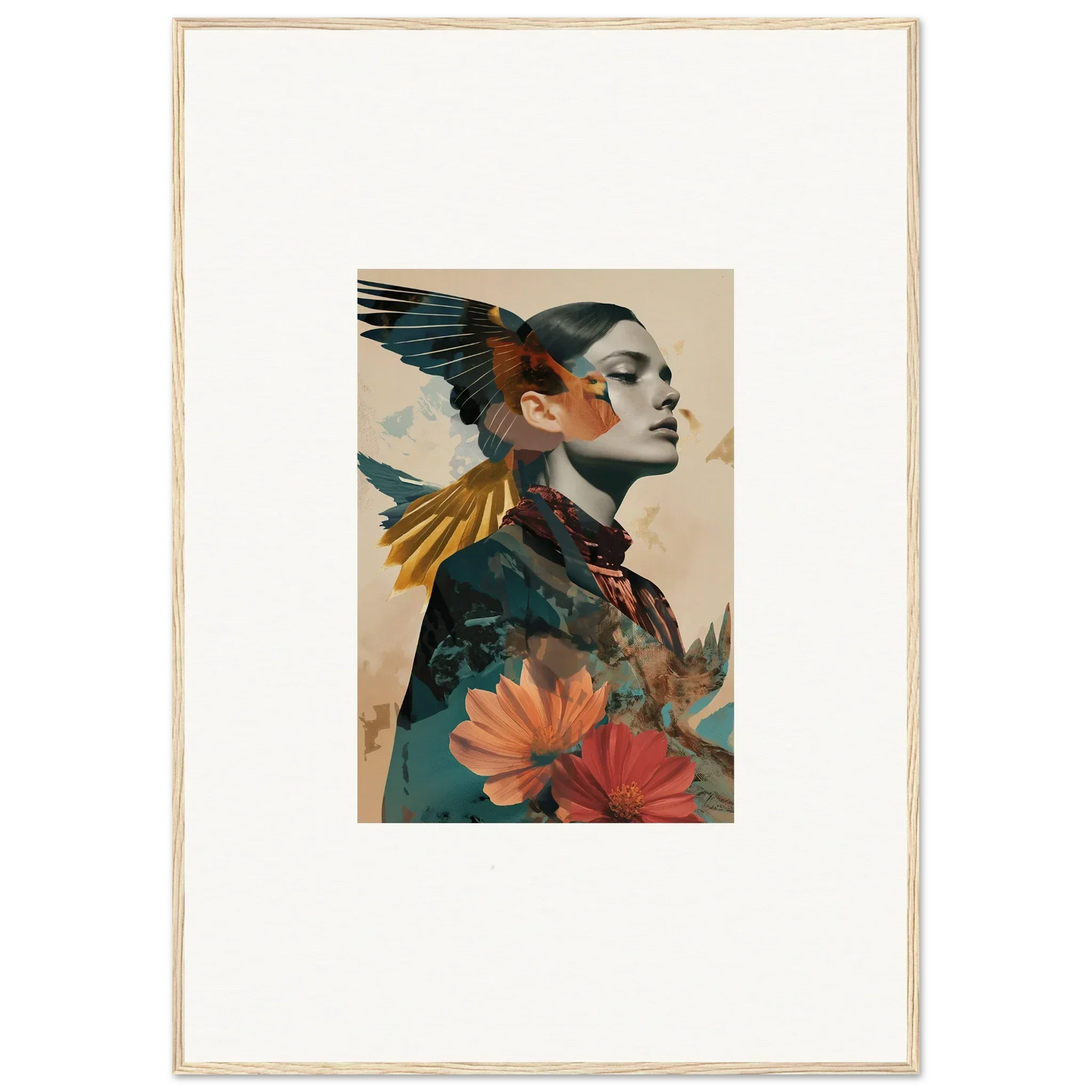 Surreal portrait of a woman with wings and flowers for a dreamy echo vase room decoration