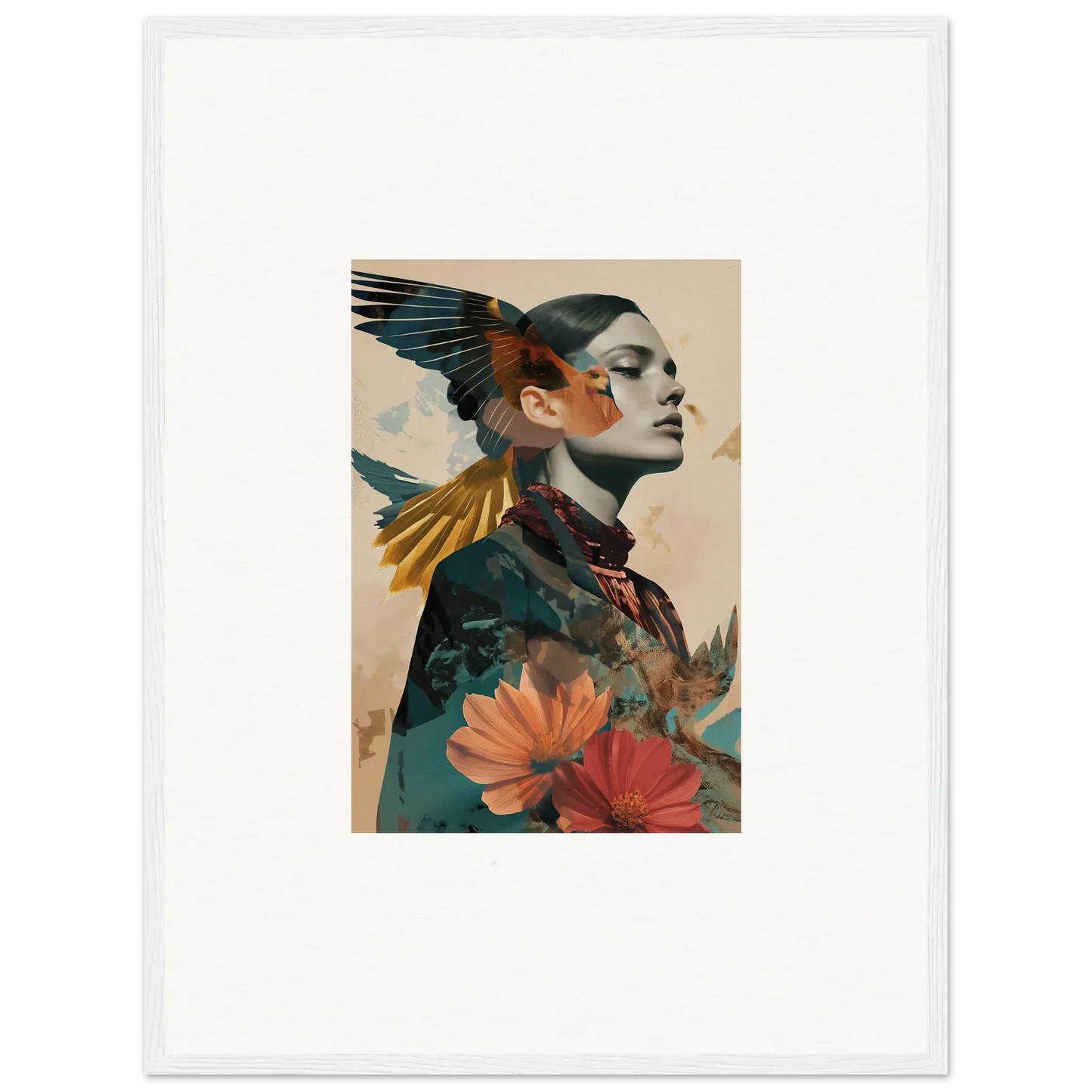 Surrealistic portrait of a person with bird wings and flowers for your echo vase decor