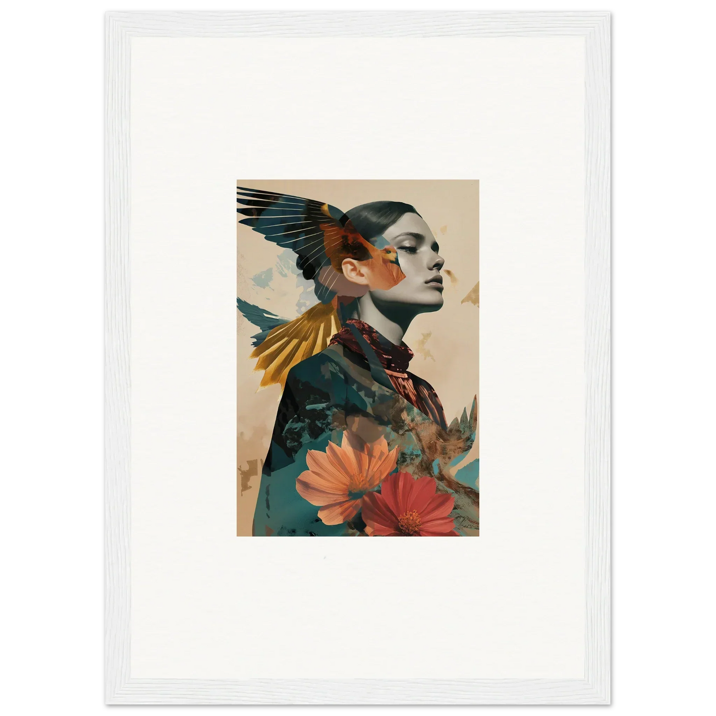 Portrait of a person with a bird and flowers, perfect for echo vase room decoration