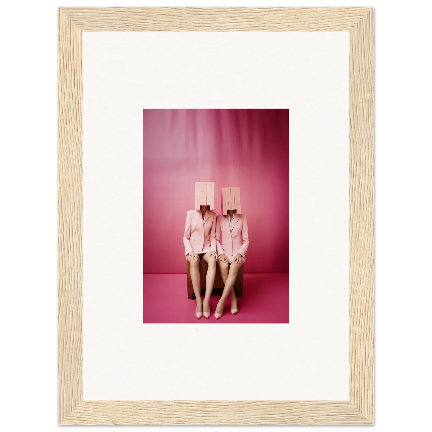 Framed Dimensional Reverie wall art of two figures in pink suits with box heads