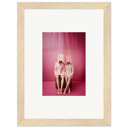 Framed Dimensional Reverie wall art of two figures in pink suits with box heads