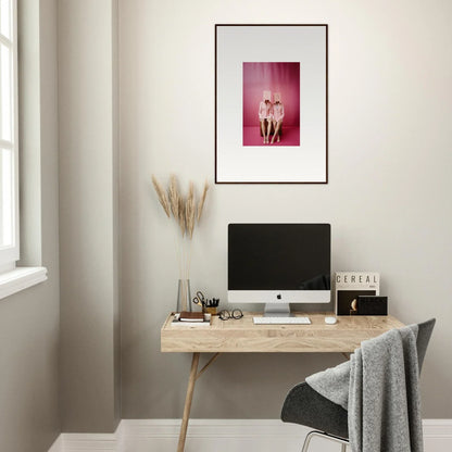 Minimalist home office with a wooden desk, computer, and Dimensional Reverie wall art