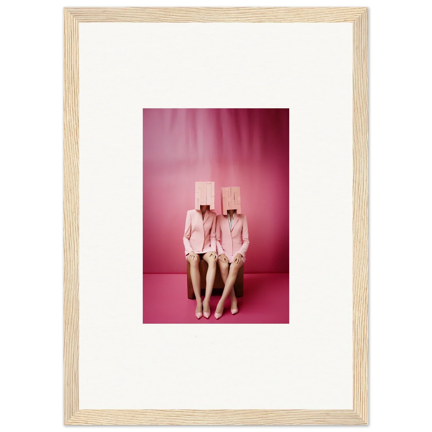 Framed photograph of two figures in pink suits and box heads for trendy wall art