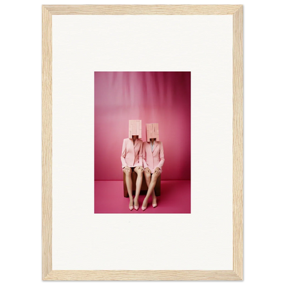 Framed photograph of two figures in pink suits and box heads for trendy wall art