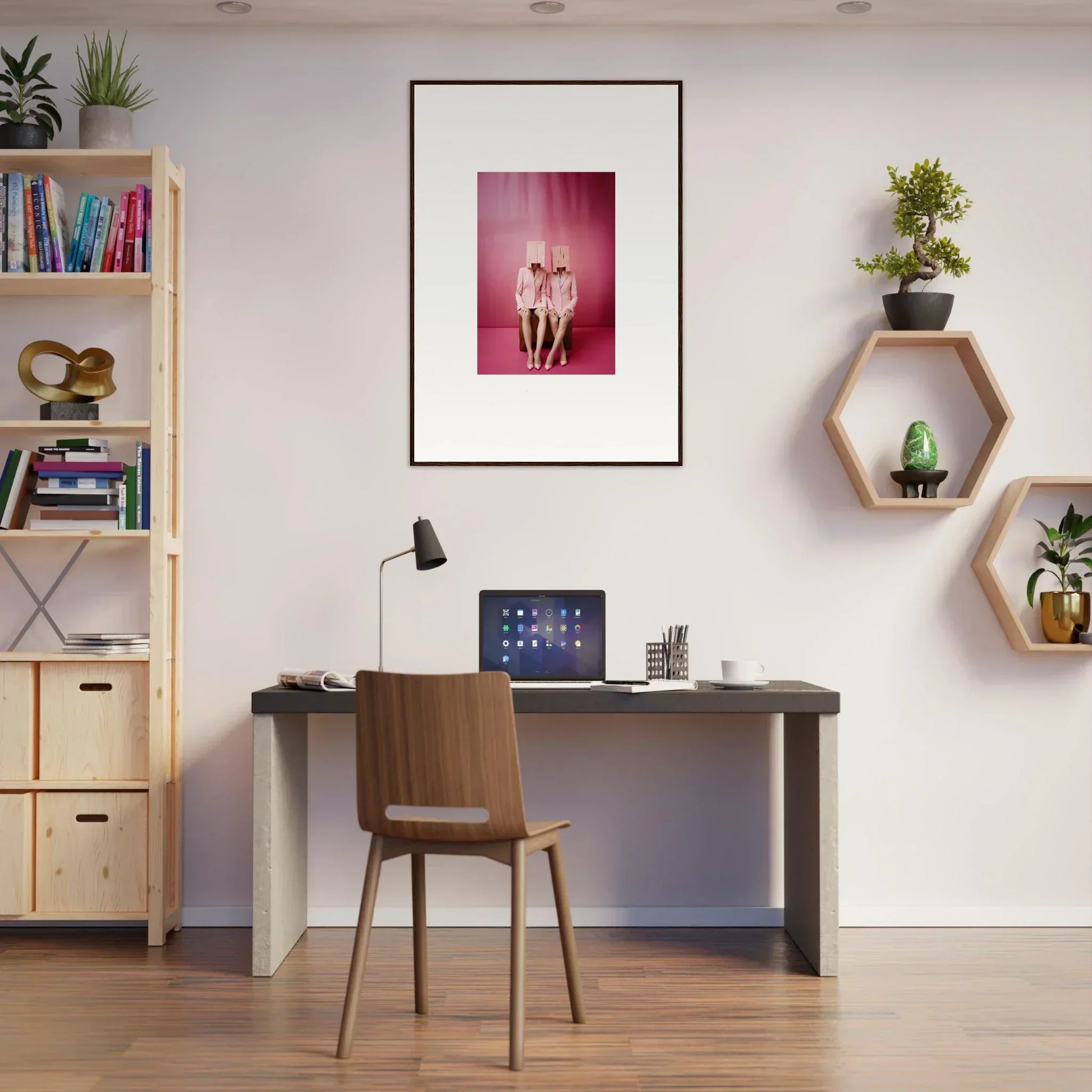 Modern home office workspace featuring Dimensional Reverie wall art and stylish room decoration