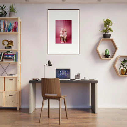 Modern home office workspace featuring Dimensional Reverie wall art and stylish room decoration