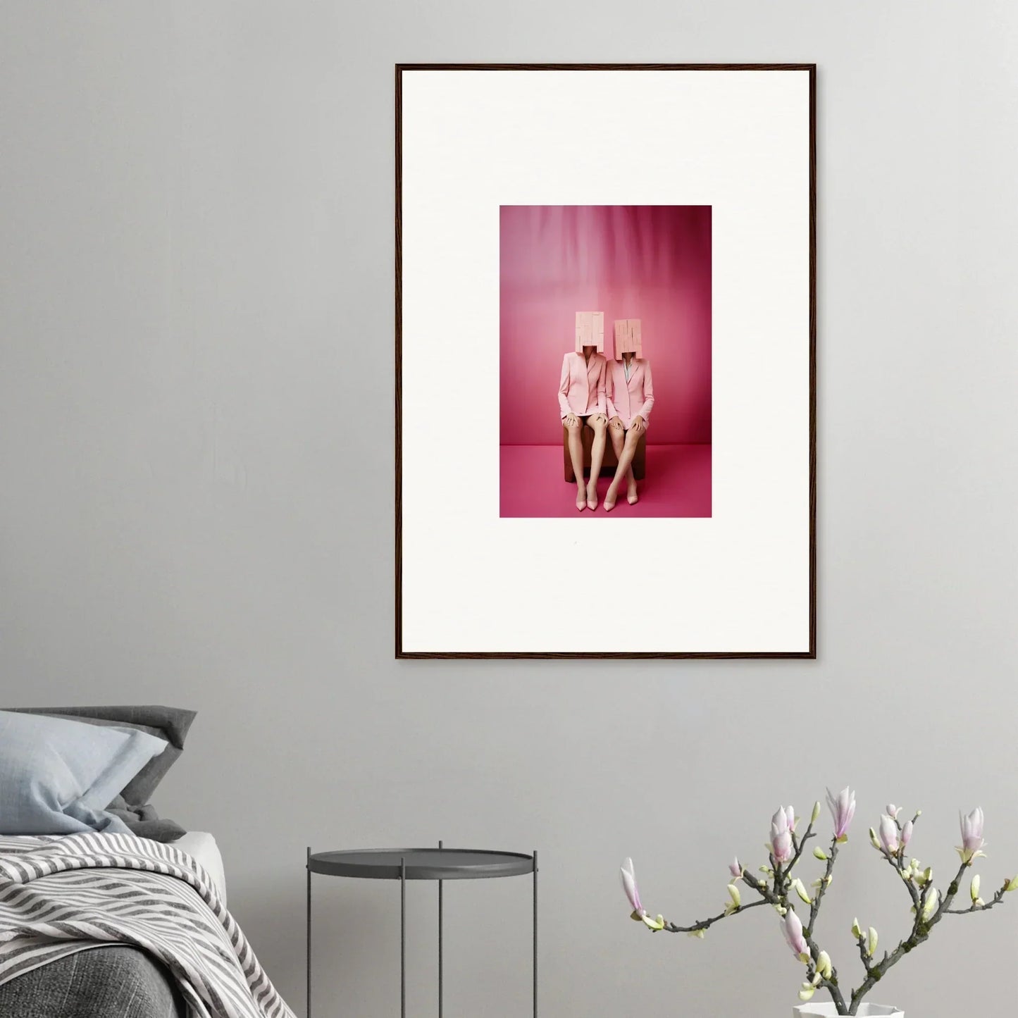 Framed photo of two figures in pink outfits for trendy room decoration, Dimensional Reverie