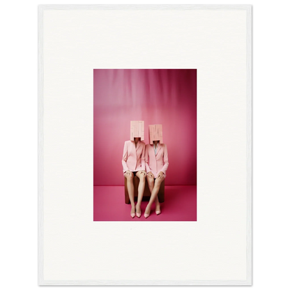 Two figures in pink suits with box heads for quirky canvas print wall art