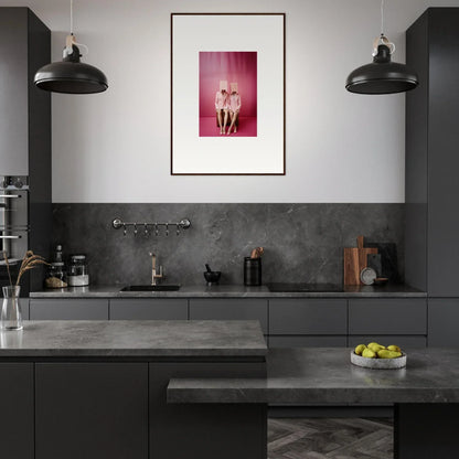 Modern dark gray kitchen featuring sleek cabinetry and vibrant Dimensional Reverie wall art