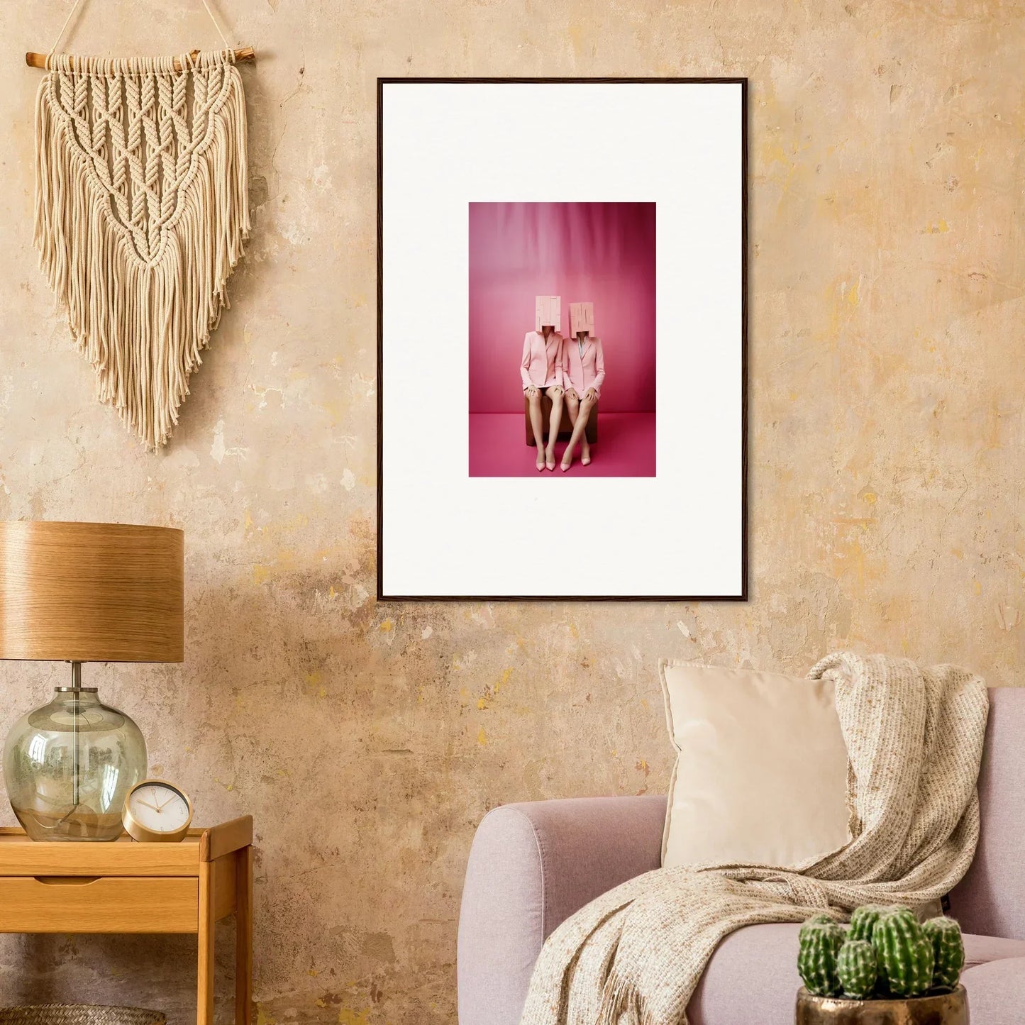 Framed photograph of two figures in pink, perfect wall art for room decoration