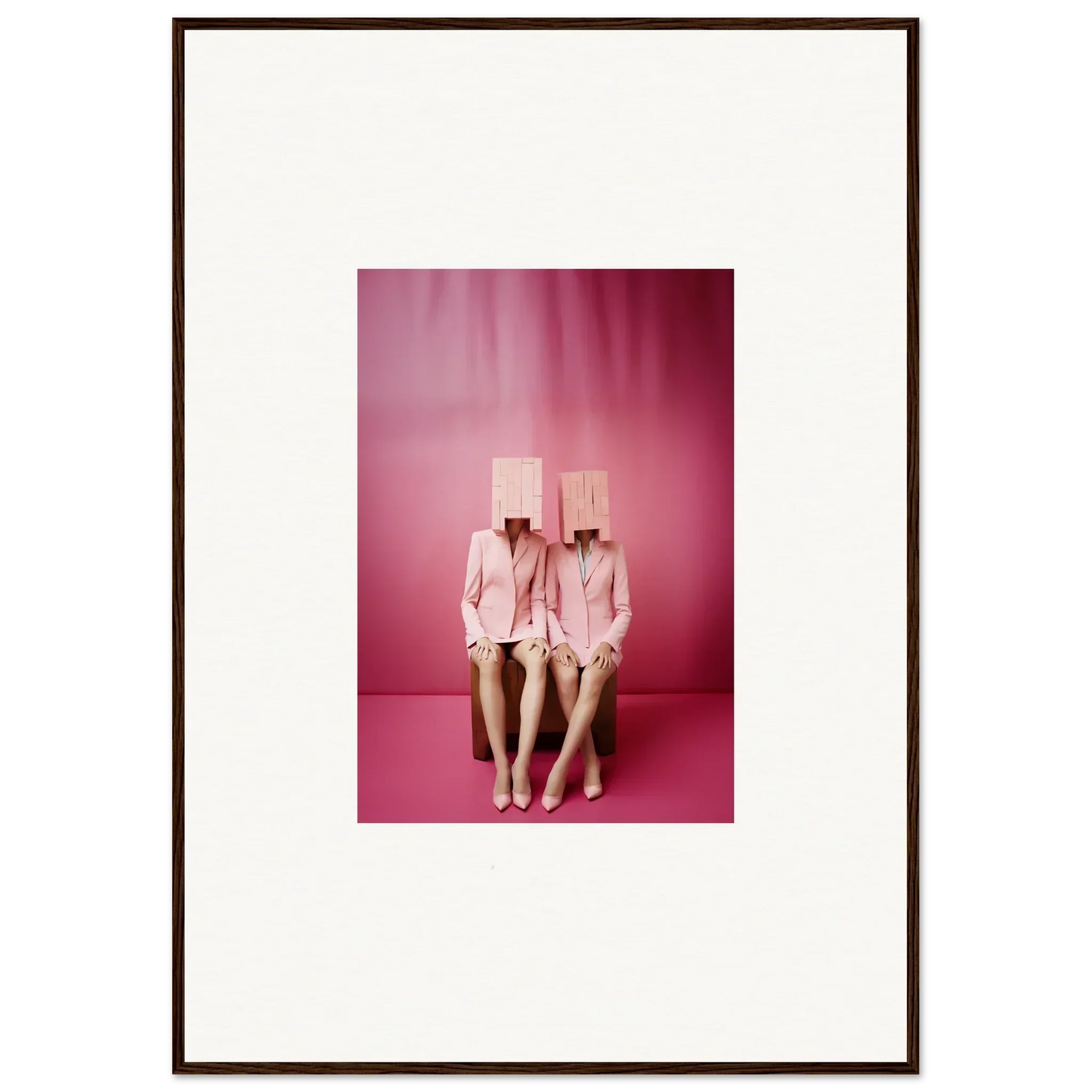 Framed canvas print of two figures in pink suits for quirky room decoration wall art