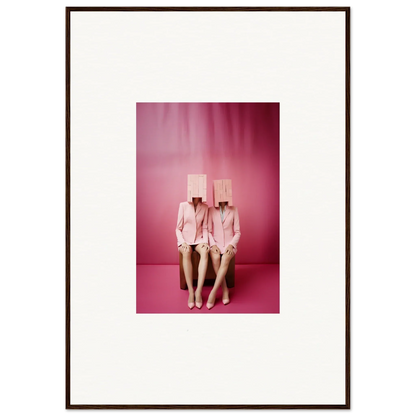 Framed canvas print of two figures in pink suits for quirky room decoration wall art