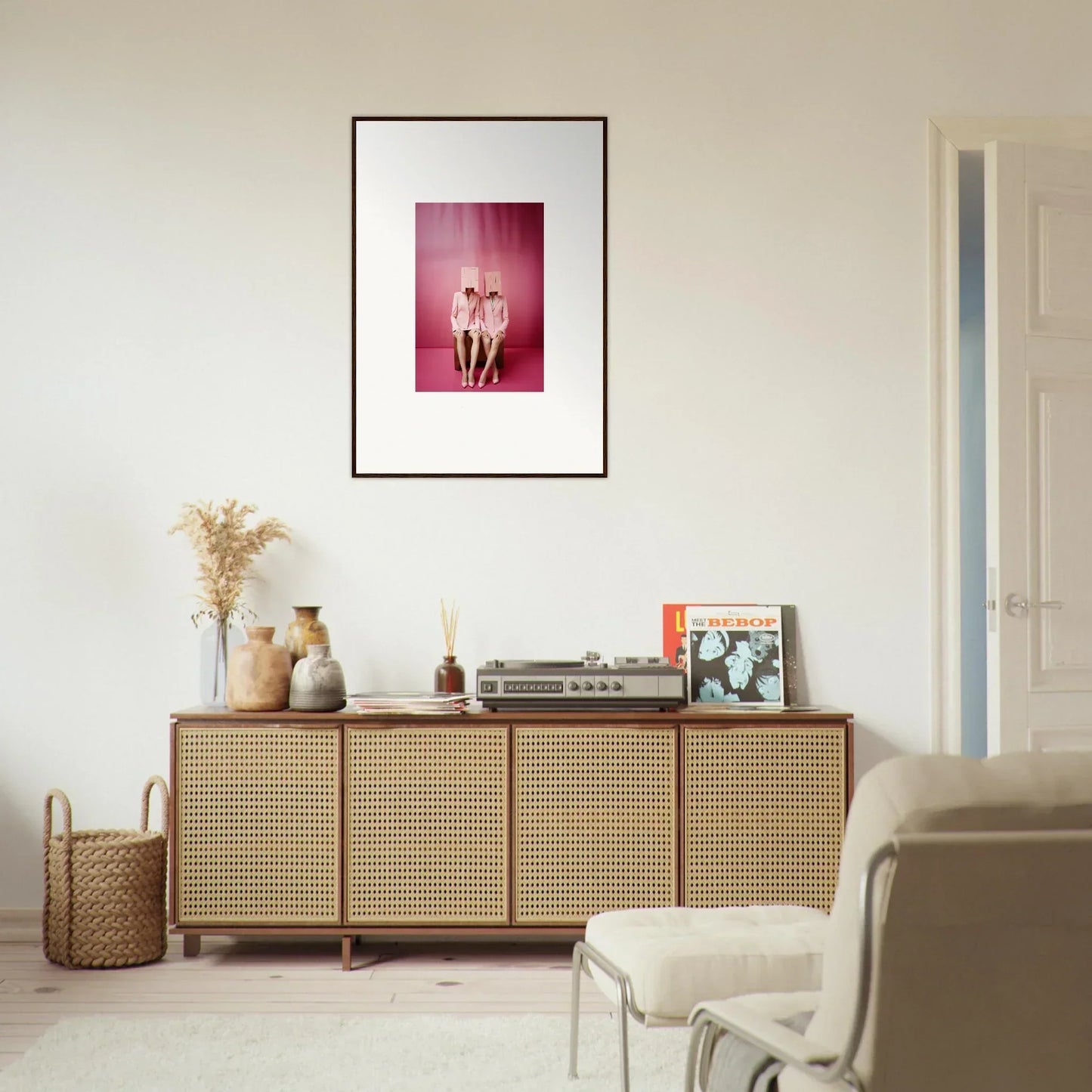 Wooden sideboard with cane-webbed doors, perfect for room decoration and display