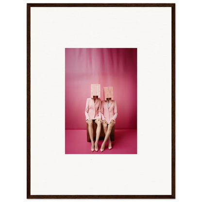 Framed Dimensional Reverie wall art of two figures in pink suits with box heads