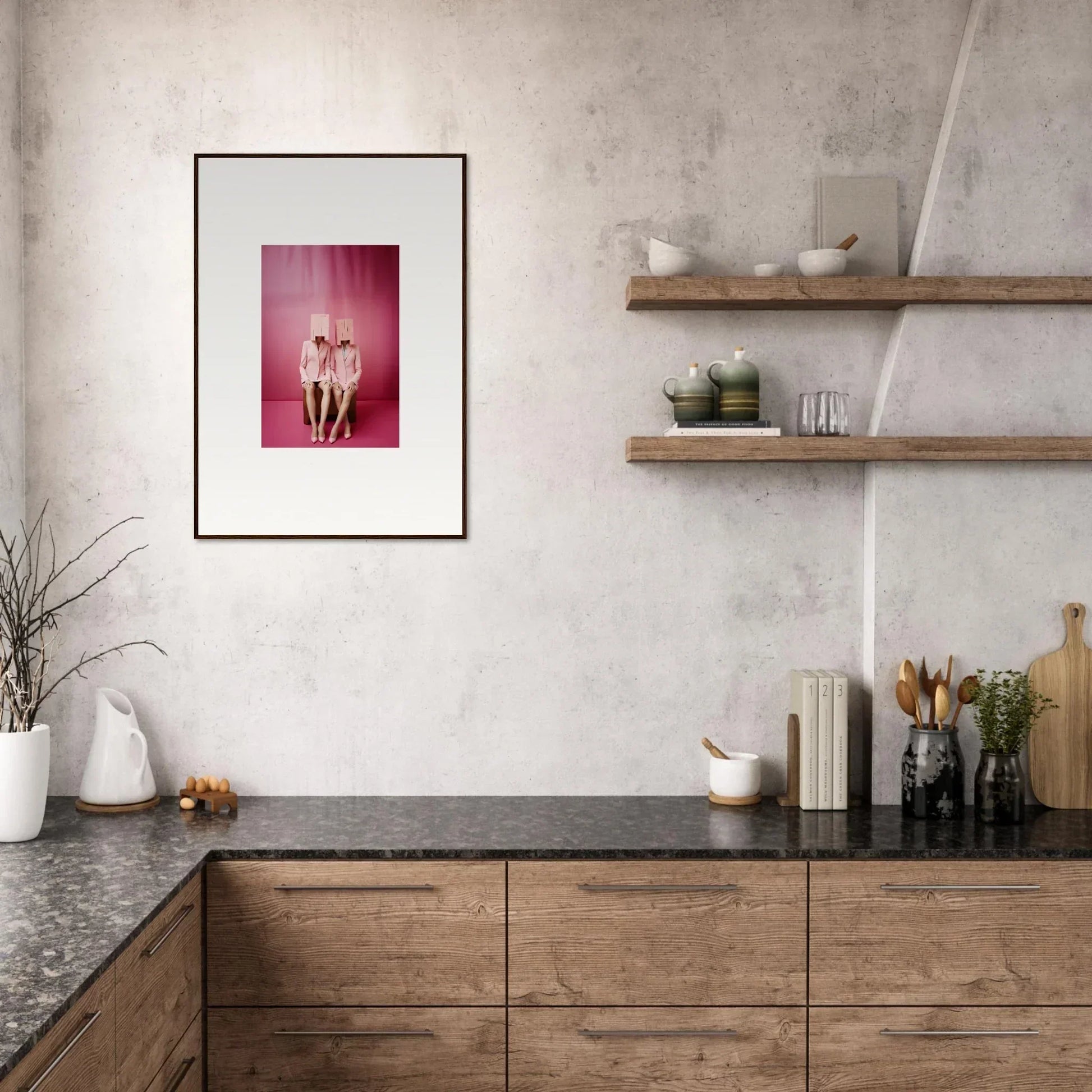 Modern kitchen with wooden cabinetry showcasing Dimensional Reverie wall art canvas print