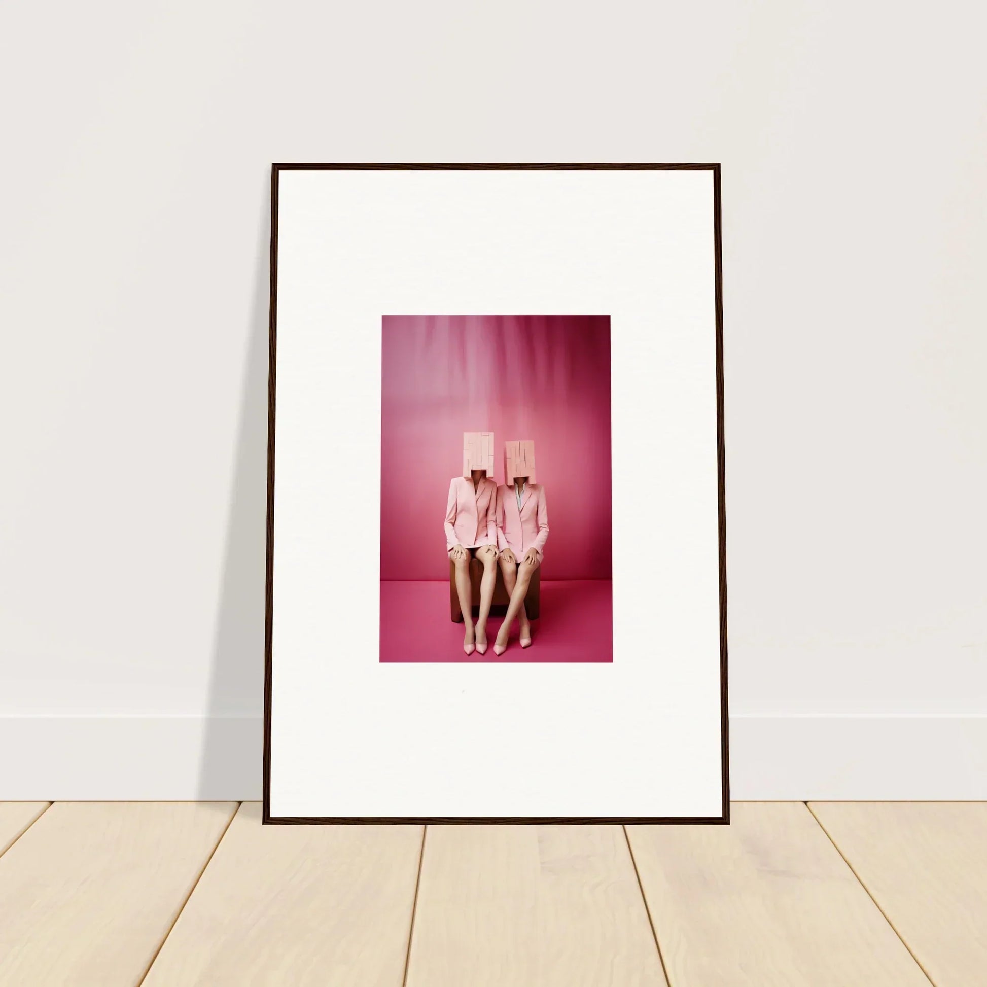 Framed wall art of three figures in white on a pink background, perfect for room decoration