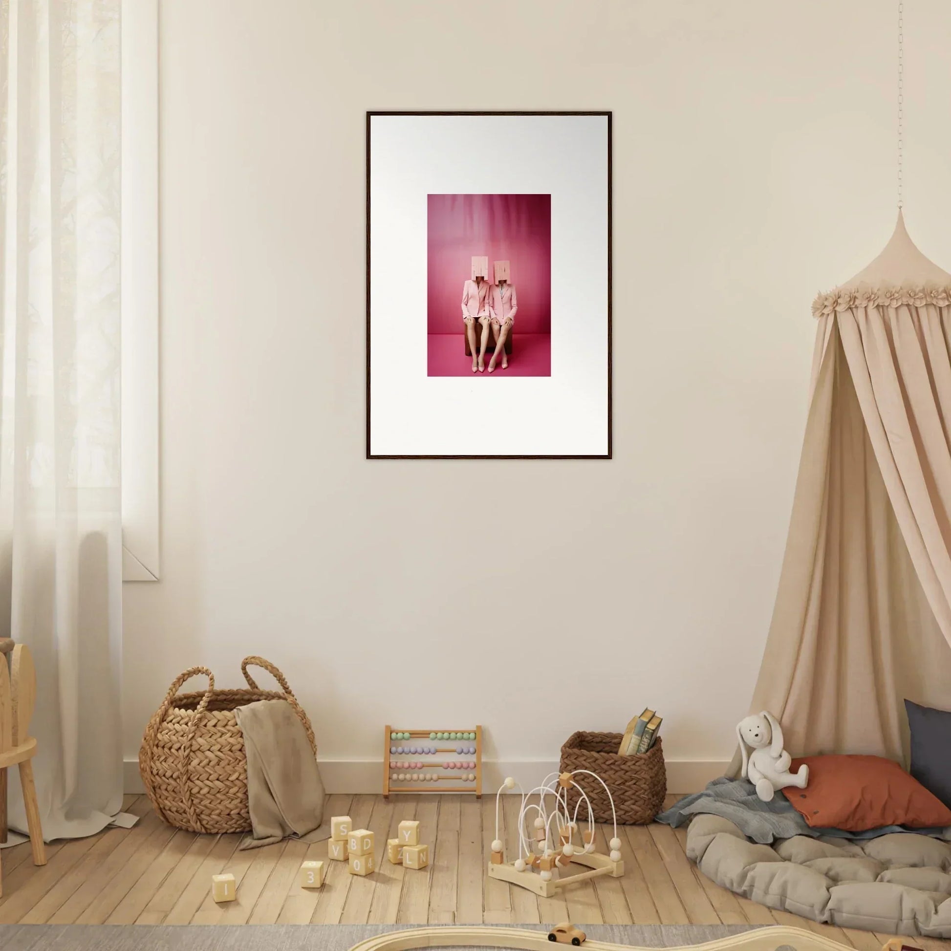 Framed wall art of two nude figures on a pink background, perfect for room decoration