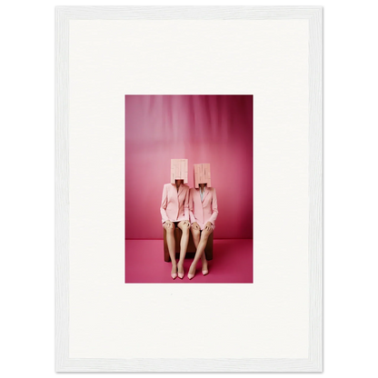 Framed canvas print of quirky figures in pink suits, perfect wall art for fun room decoration