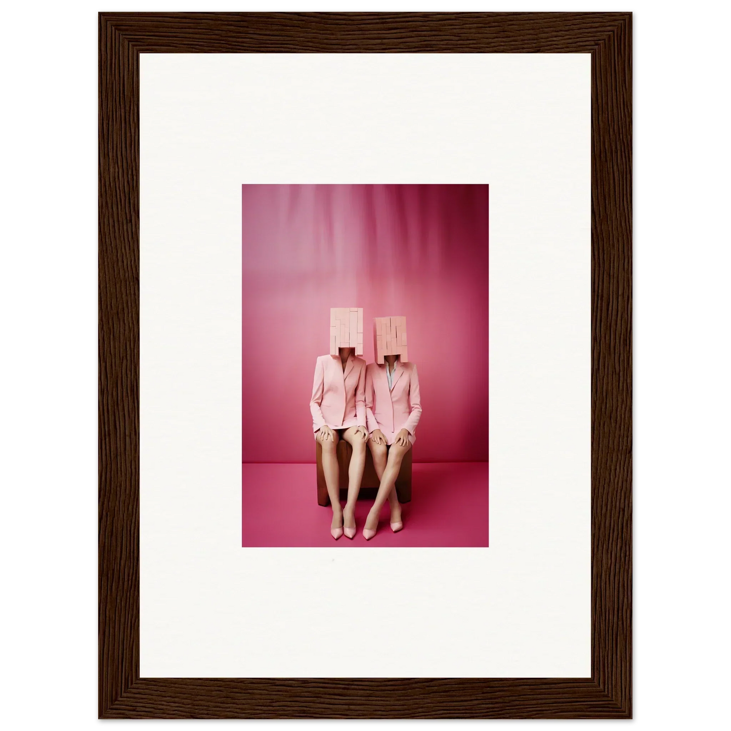 Unique wall art featuring two figures in pink suits with box heads for cool room decoration