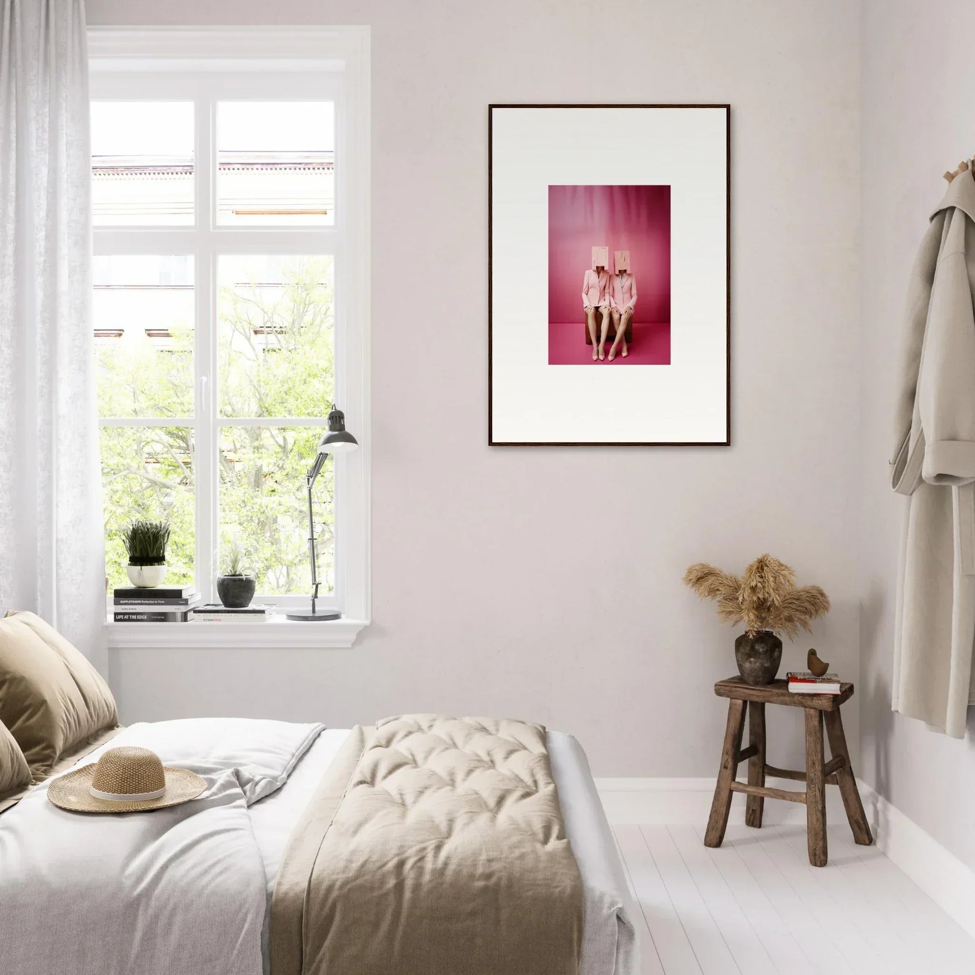 Framed pink wall art Dimensional Reverie featuring two figures for stylish room decoration