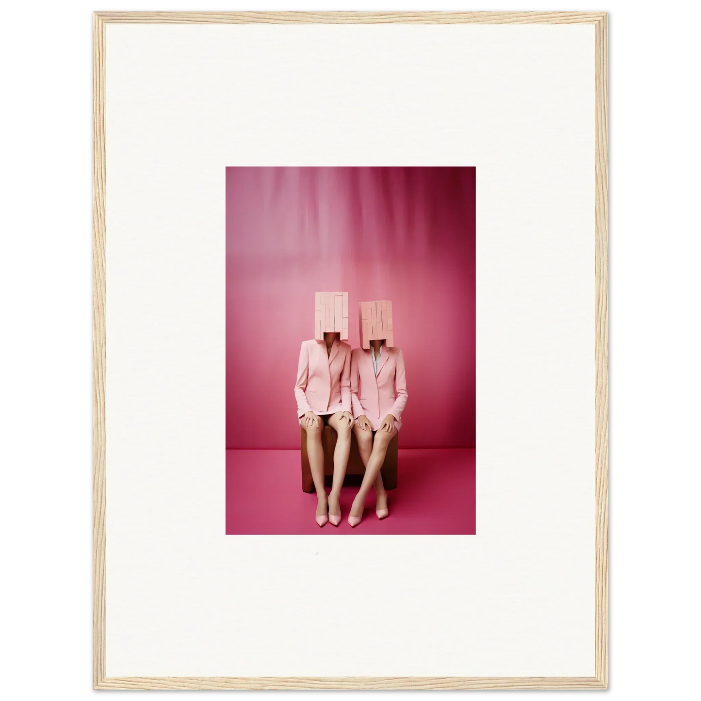 Framed wall art of two figures in pink suits with box heads for cool room decoration