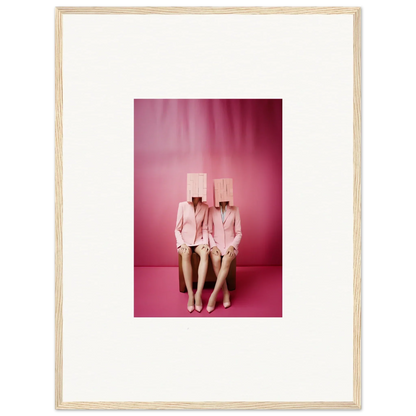 Framed wall art of two figures in pink suits with box heads for cool room decoration