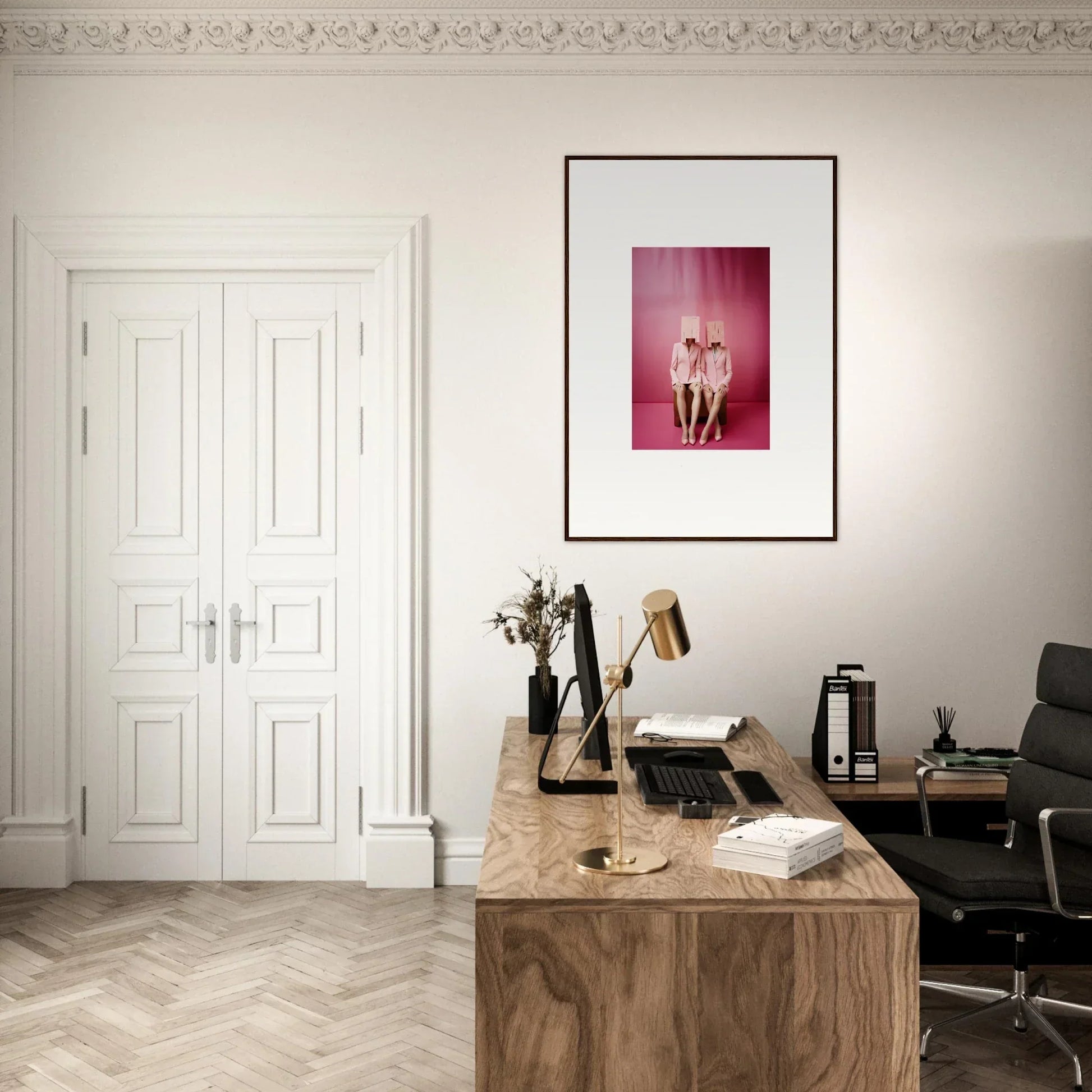 Elegant home office with wooden desk and canvas print wall art for stylish room decoration