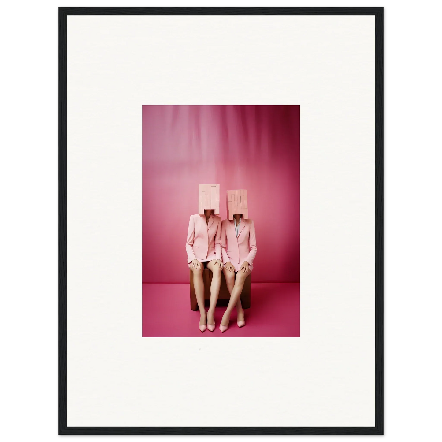 Framed wall art of two figures in pink suits for stylish room decoration