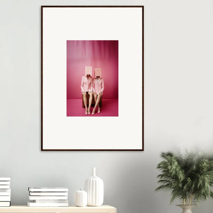 Framed Dimensional Reverie wall art of three figures in pink outfits for trendy room decoration