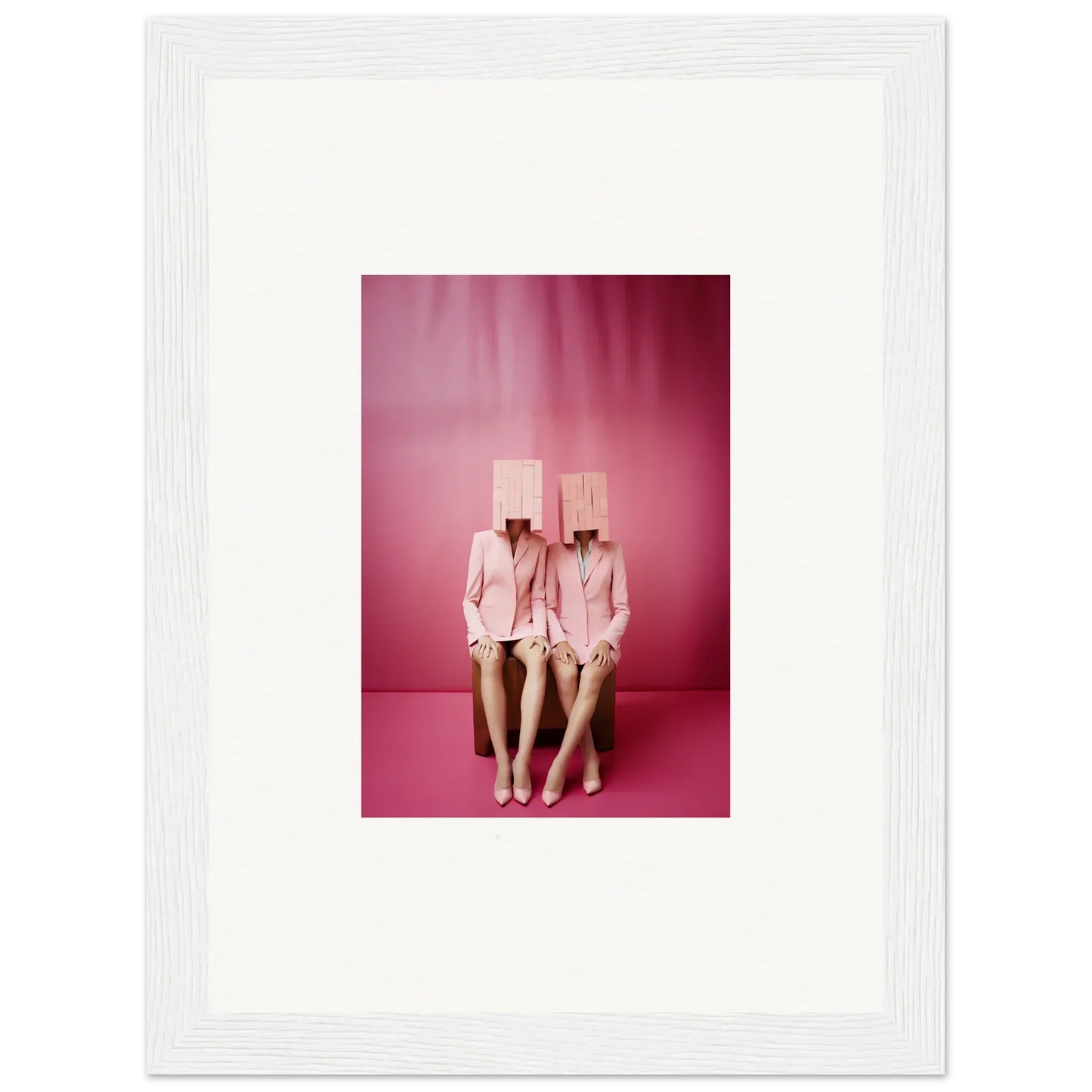 Framed canvas print of two figures in pink suits for unique room decoration wall art